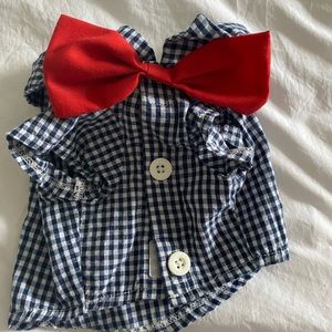 Old Navy button down checked dog shirt, size XS, with red bow tie